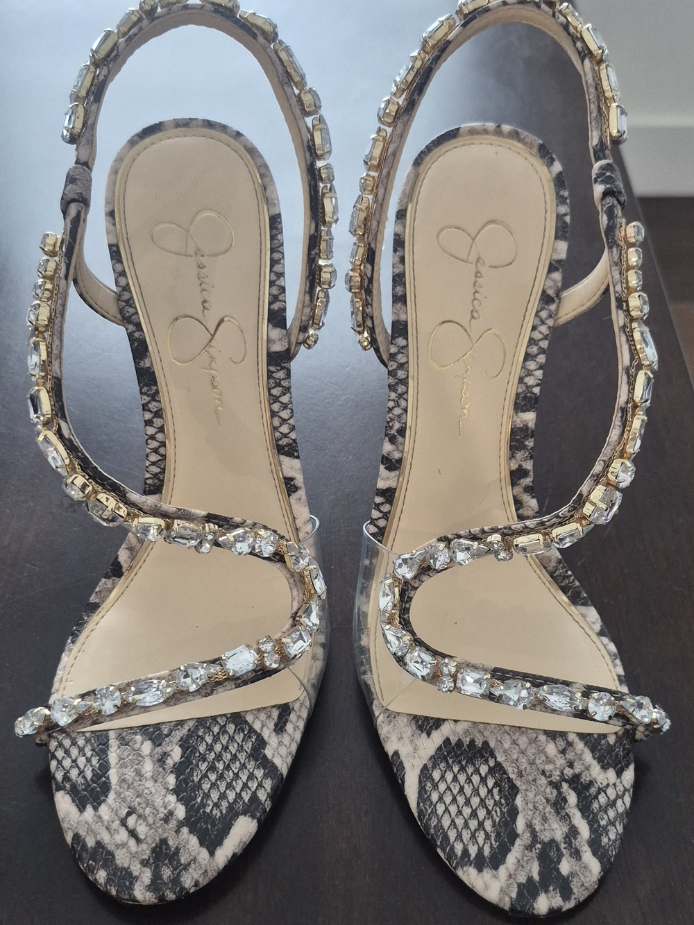 Jessica Simpson Black & White Snakeskin Crystal-Strap Slingback Heels